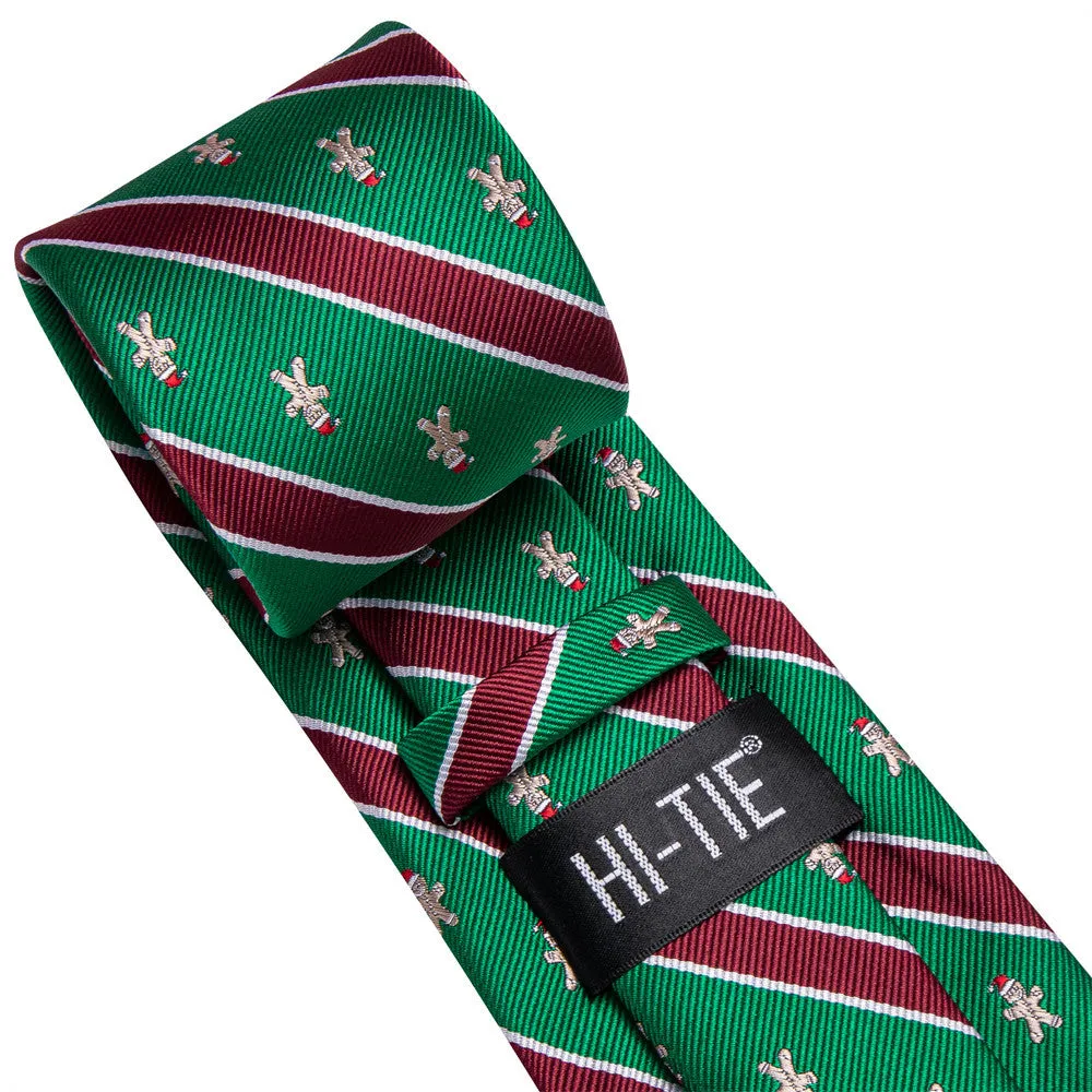 Hi-Tie Christmas Green Red Striped Gingerbread Man Necktie Set