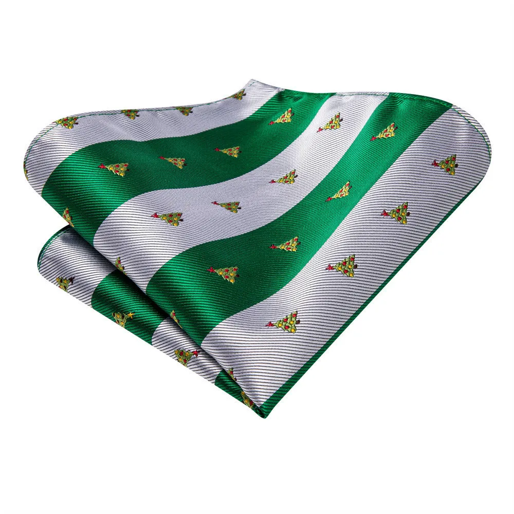 Hi-Tie Christmas Green White Striped Tie Pocket Square Cufflinks Set