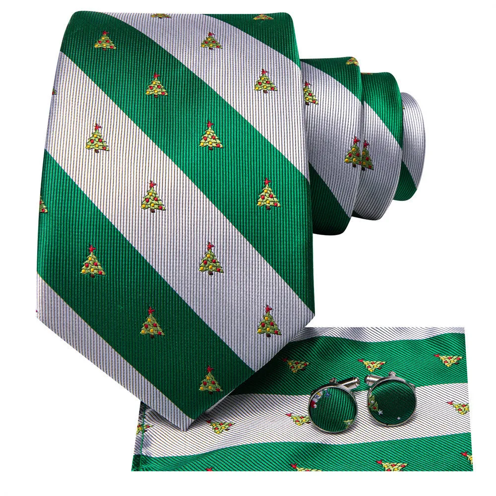 Hi-Tie Christmas Green White Striped Tie Pocket Square Cufflinks Set