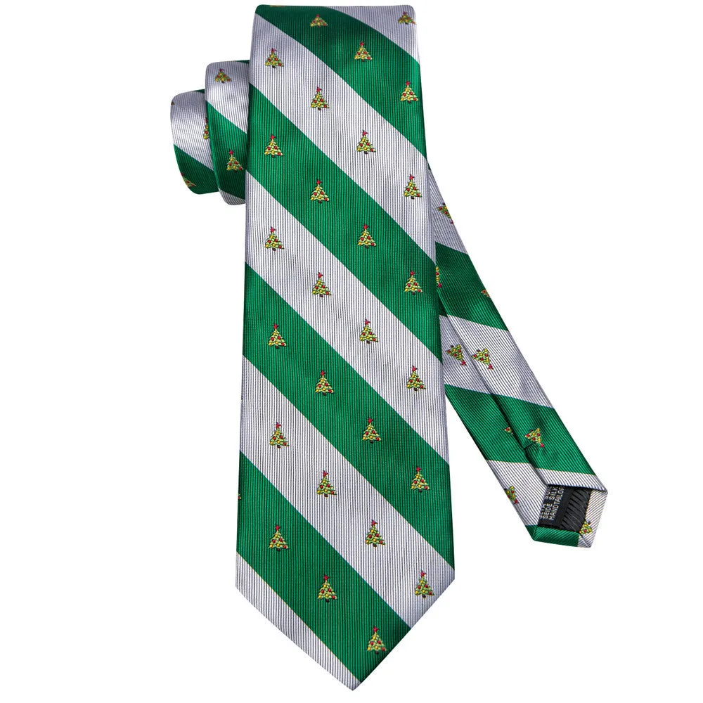 Hi-Tie Christmas Green White Striped Tie Pocket Square Cufflinks Set