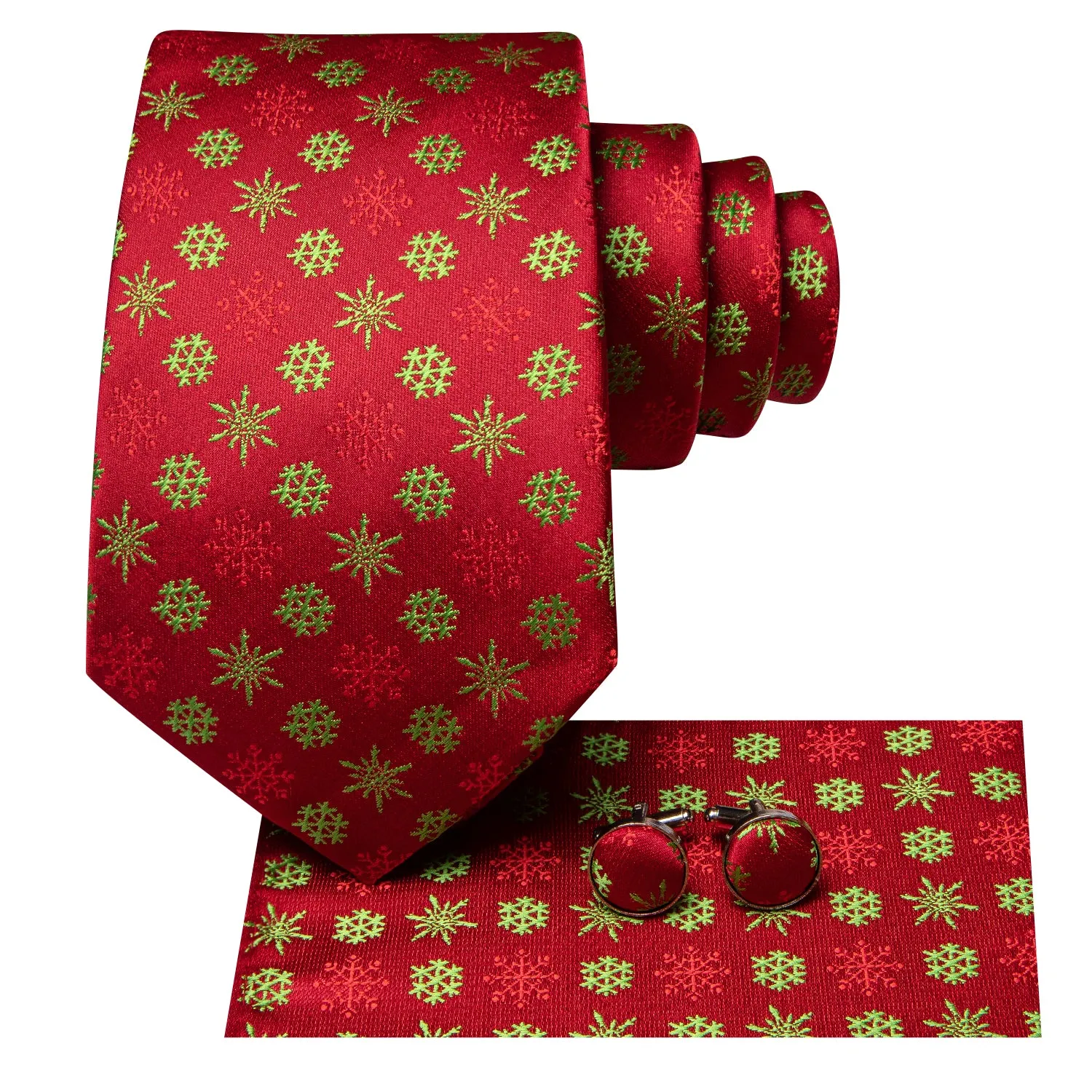 Hi-Tie Christmas Red Snowflakes Men's Tie Pocket Square Cufflinks Set