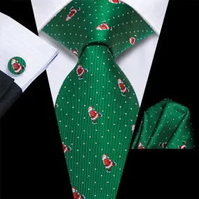 Hi-Tie Green Christmas Necktie White Polka Dots Santa Designer Tie Set