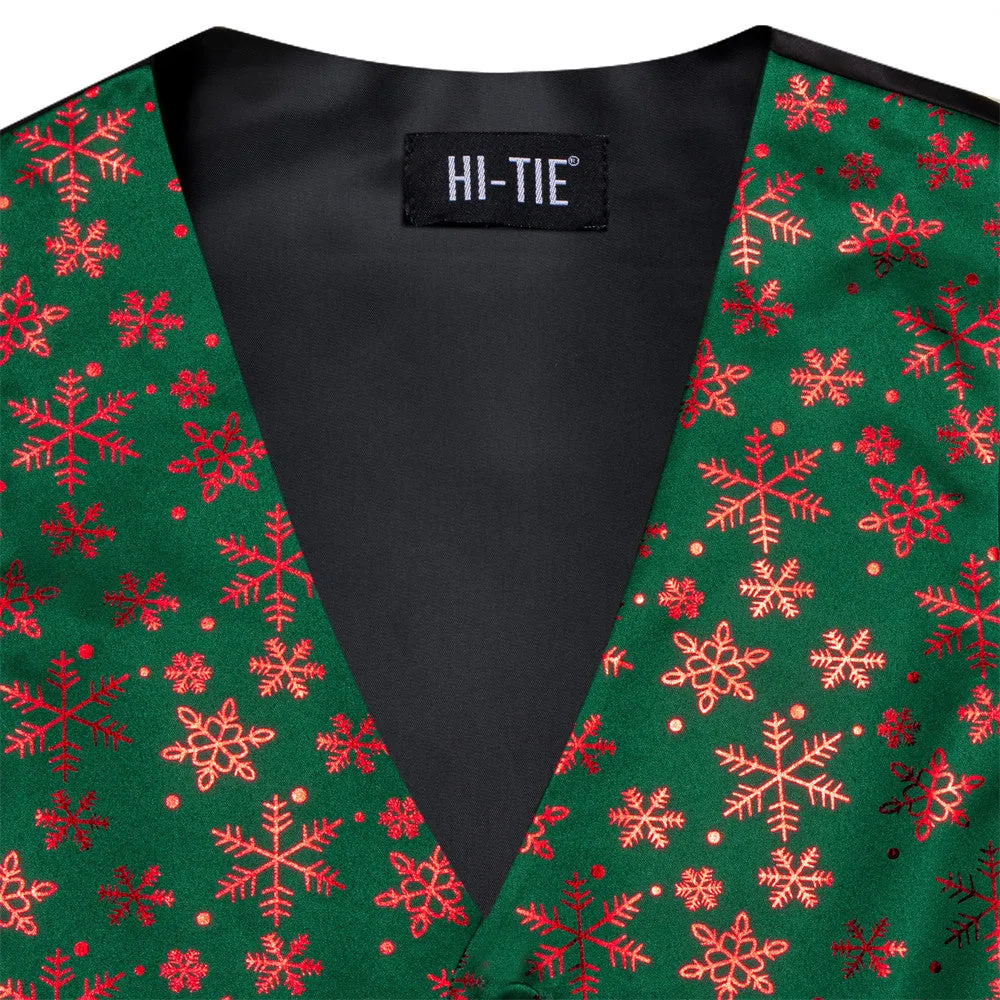 Hi-Tie Mens Waistcoat Green Red Snow Christmas Vest Necktie Set