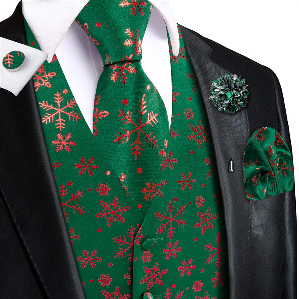 Hi-Tie Mens Waistcoat Green Red Snow Christmas Vest Necktie Set