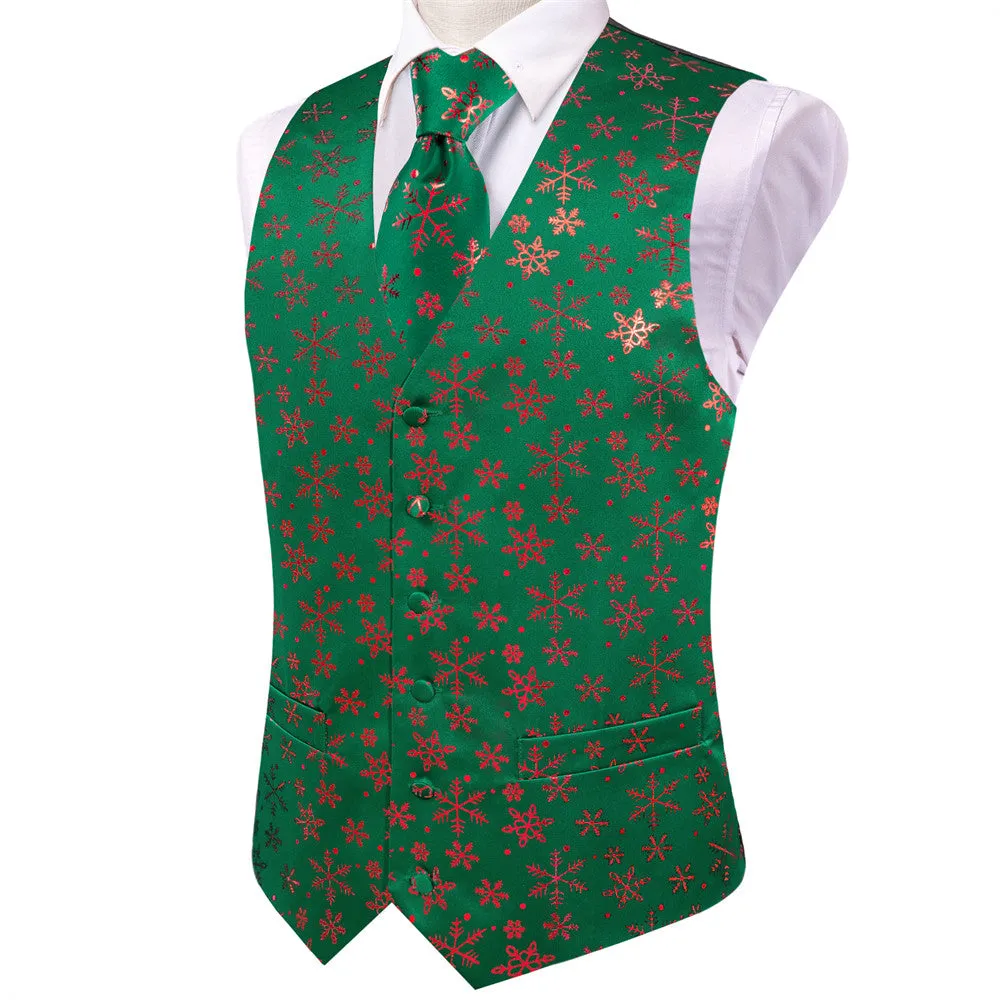 Hi-Tie Mens Waistcoat Green Red Snow Christmas Vest Necktie Set