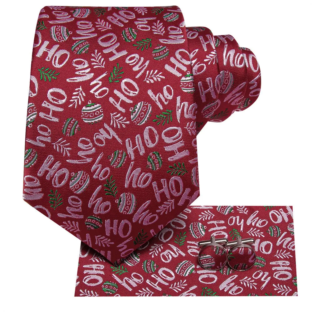 Hi-Tie Red Christmas Silk Necktie Pocket Square Cufflinks Set