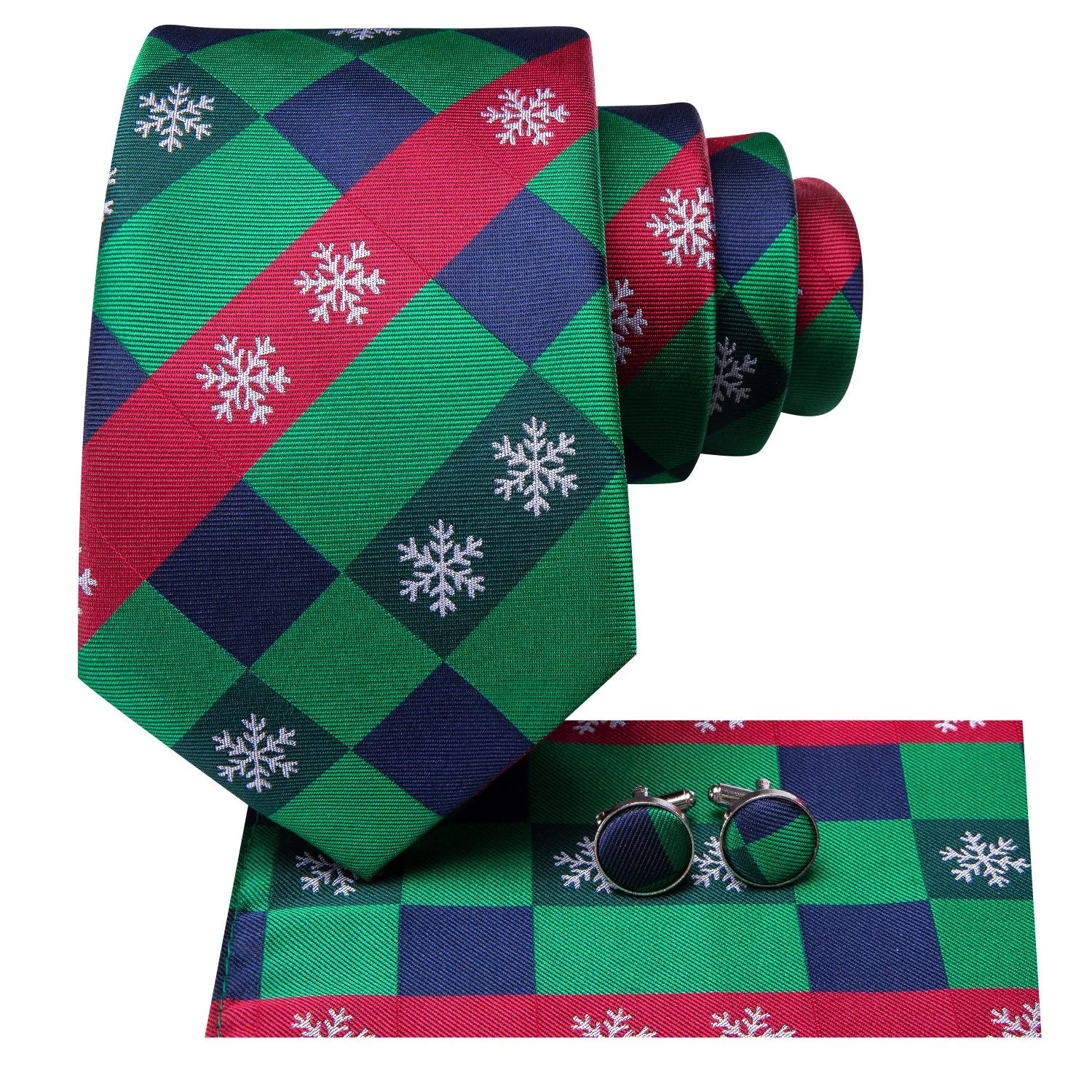 Hi-Tie Red Green Tie Blue Novelty Plaid Necktie Hanky Cufflinks Set