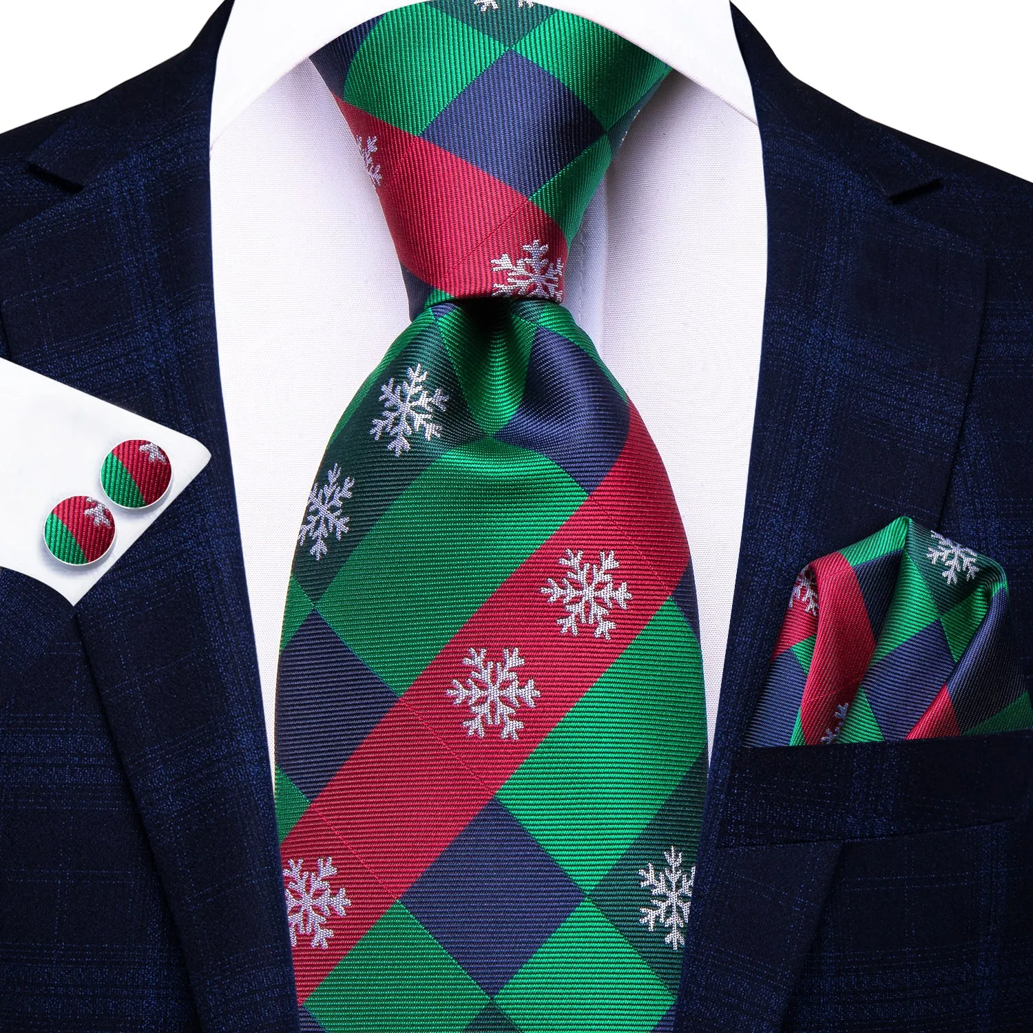 Hi-Tie Red Green Tie Blue Novelty Plaid Necktie Hanky Cufflinks Set