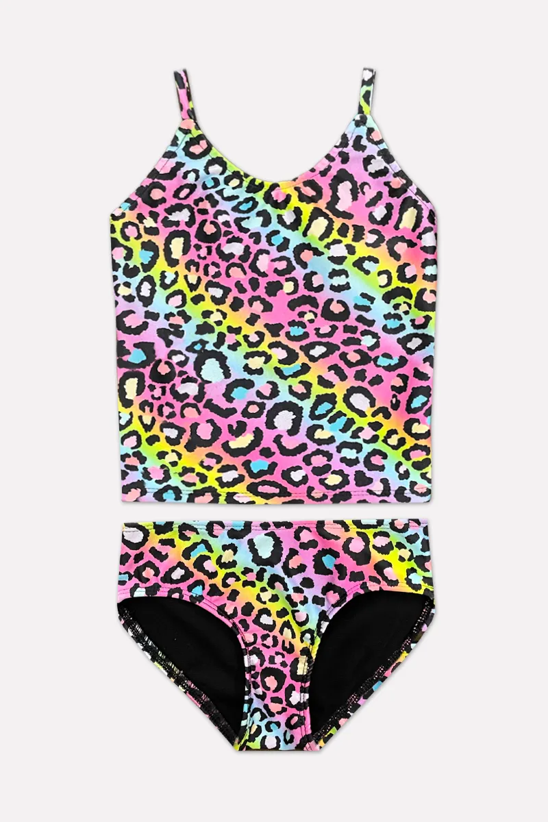 High Shine Tankini - Neon Rainbow Leopard