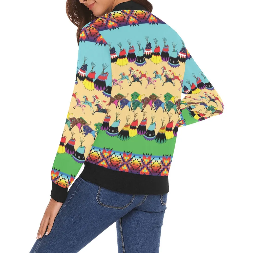 Horses and Buffalo Ledger Blue Bomber Jacket for Women