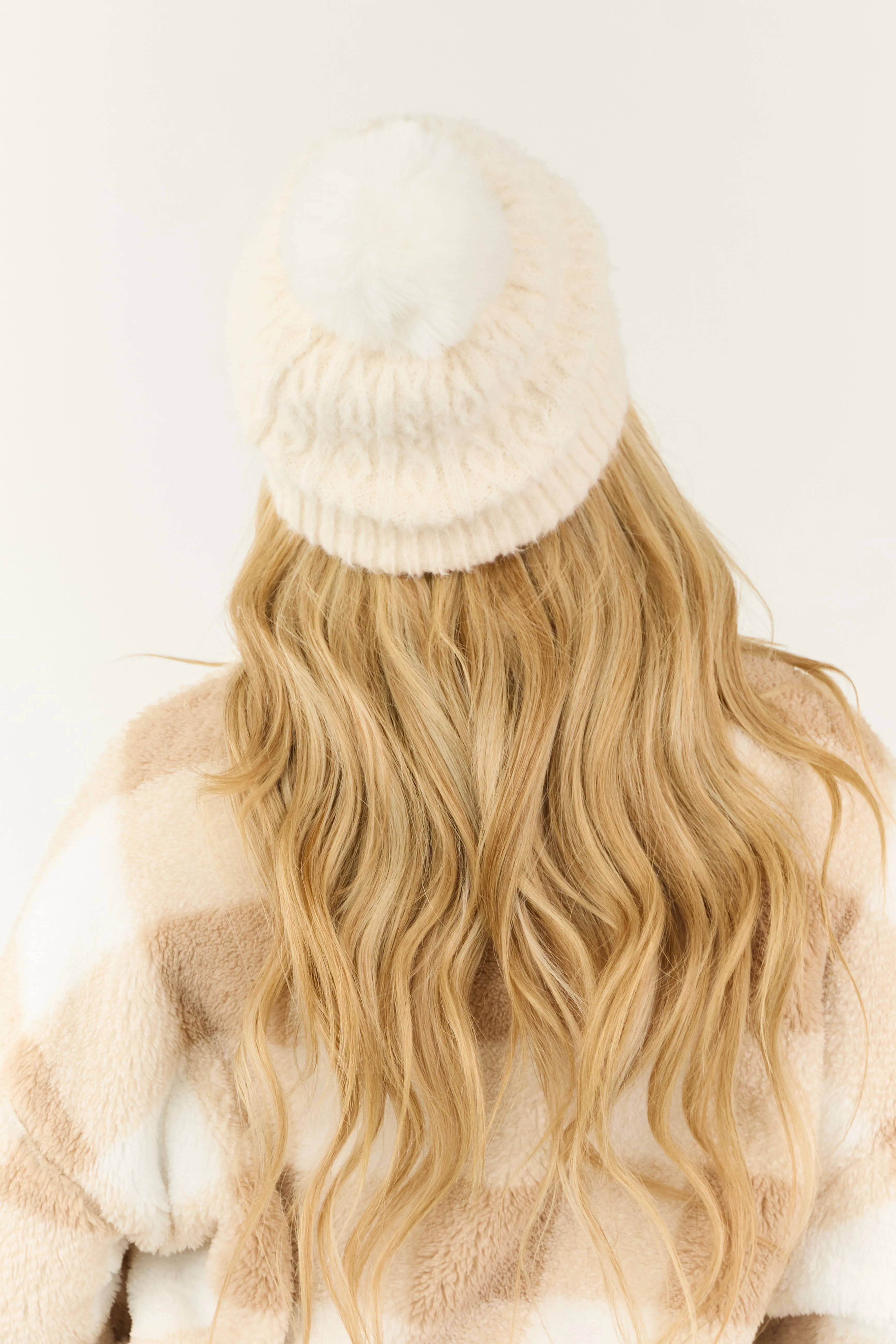 Ivory Cable Knit Pom Pom Soft Faux Fur Beanie