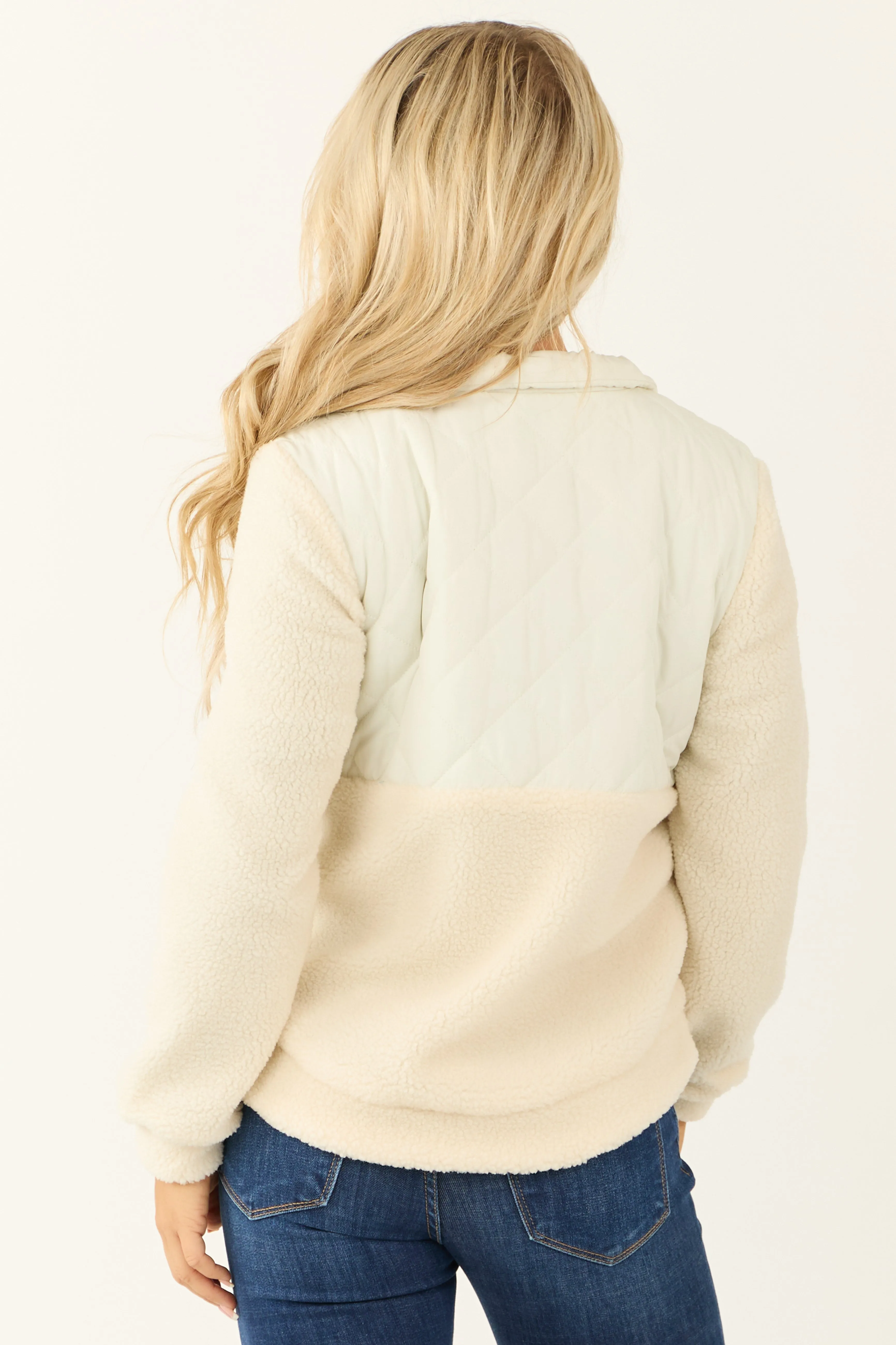 Ivory Sherpa Quilted Zip Up Mock Neck Jacket