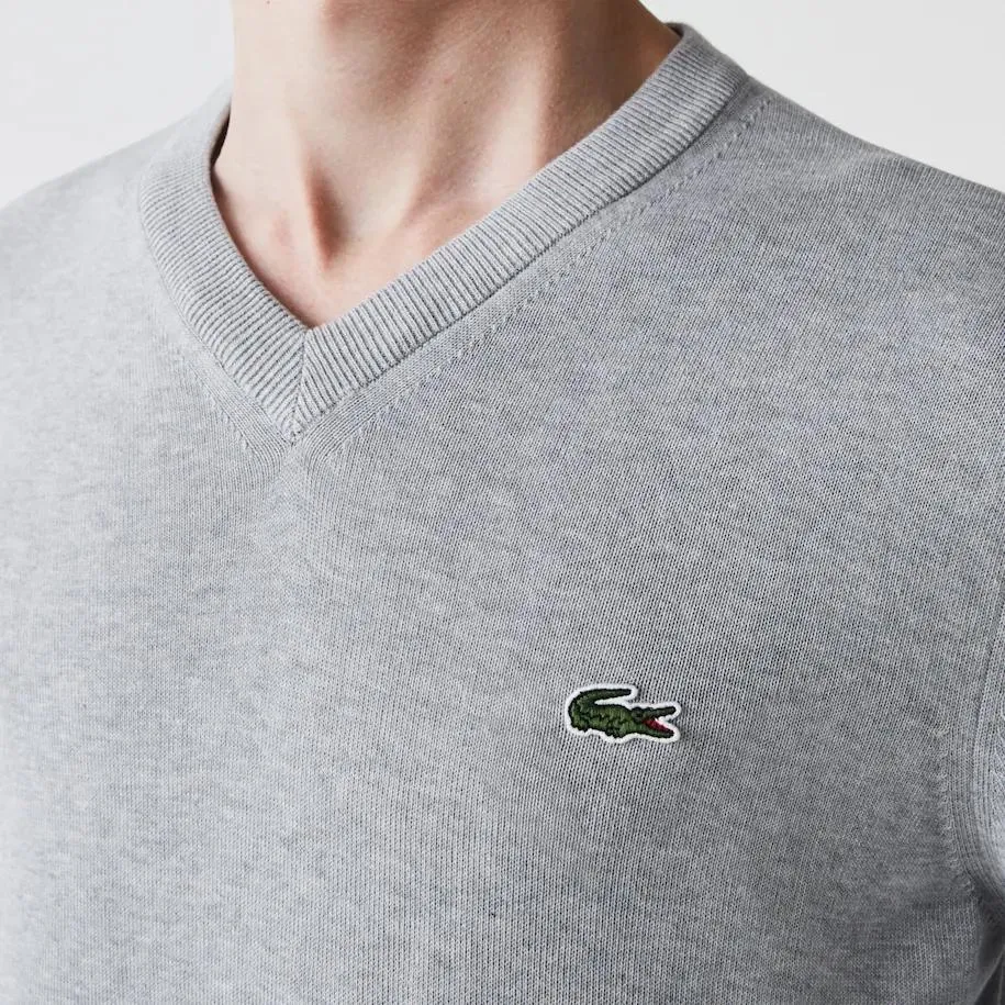 Lacoste Mens Organic Cotton V-Neck Sweater Grey Chine AH1951 CCA