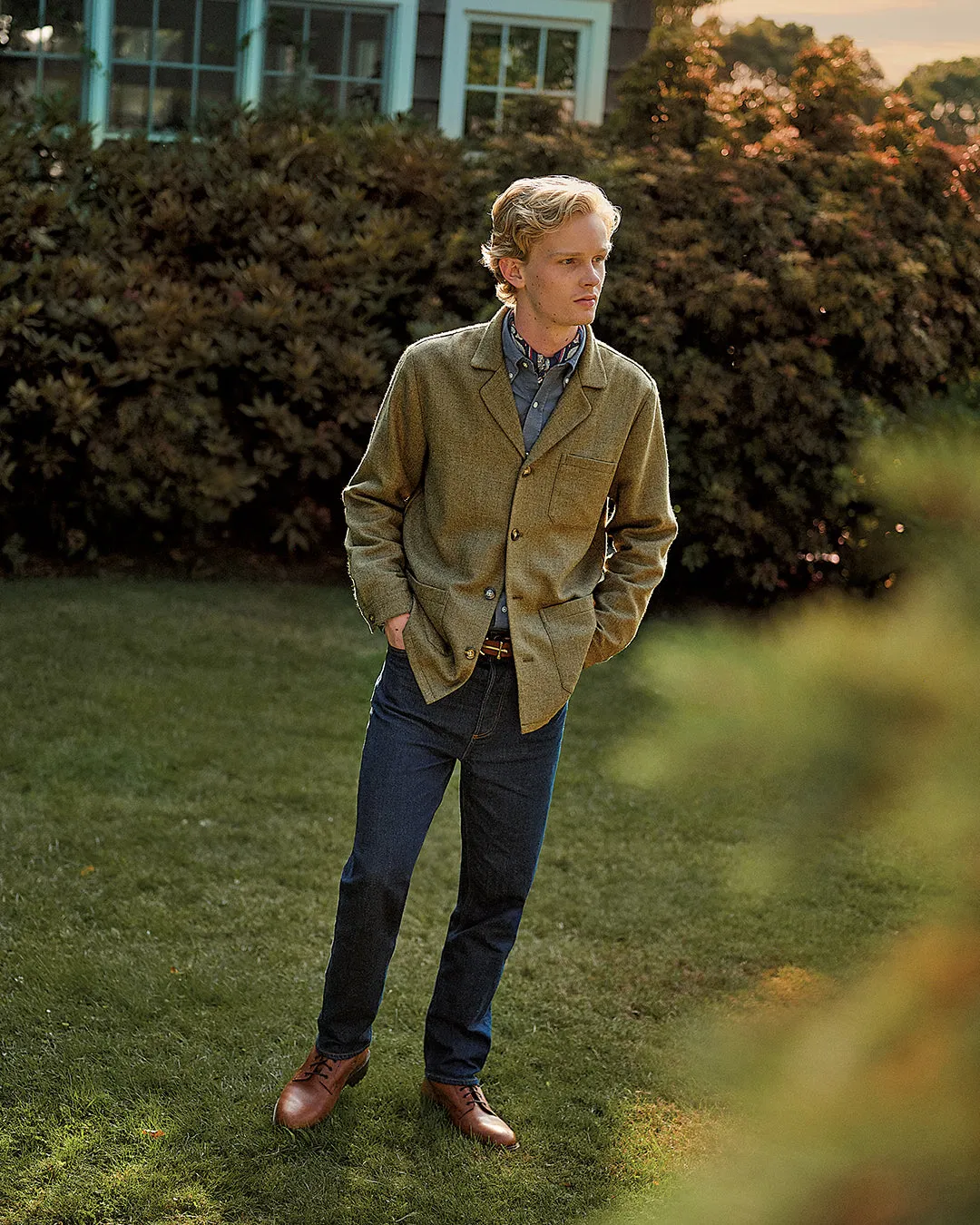 Lambswool Loafer Jacket in Olive Herringbone