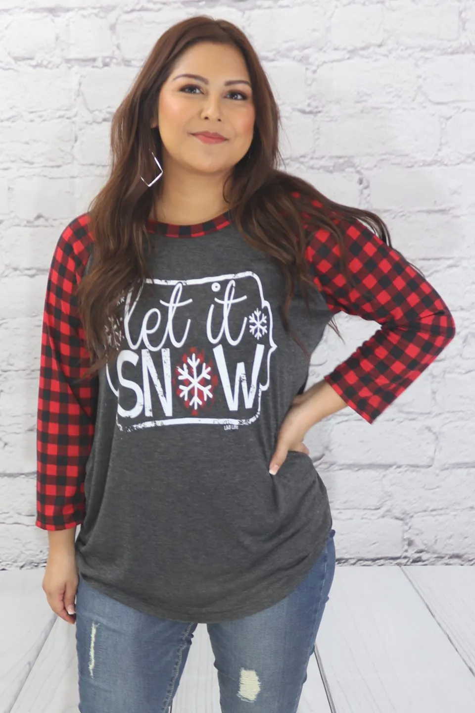 Let it Snow plaid sleeve T-Shirt