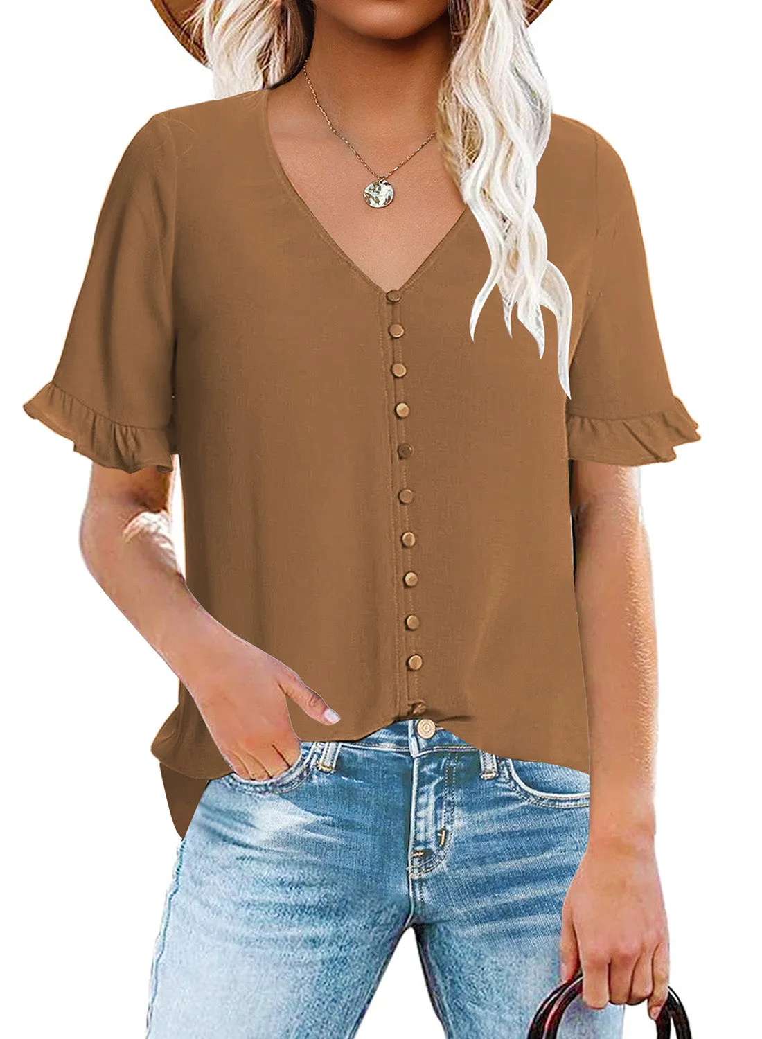 Light Brown Ruffle Trim Short Sleeves V-Neck Button-Down Top