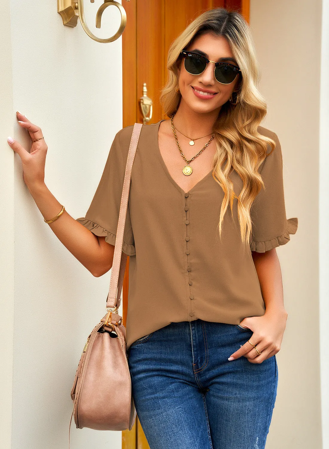 Light Brown Ruffle Trim Short Sleeves V-Neck Button-Down Top