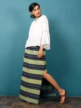 Light Green Black Indigo Shibori Hand Block Printed Straight Skirt With Side Slits - S40F686