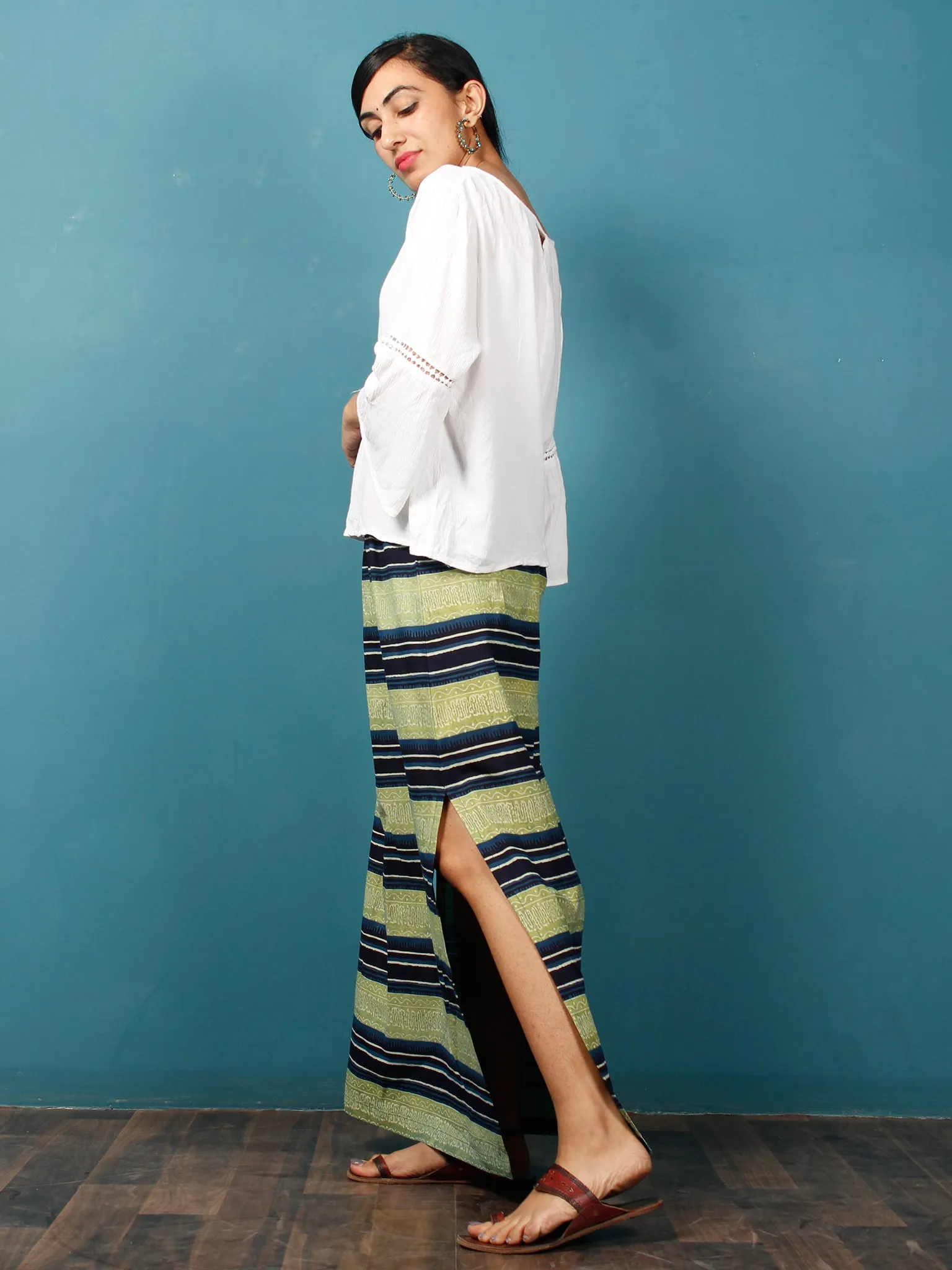 Light Green Black Indigo Shibori Hand Block Printed Straight Skirt With Side Slits - S40F686