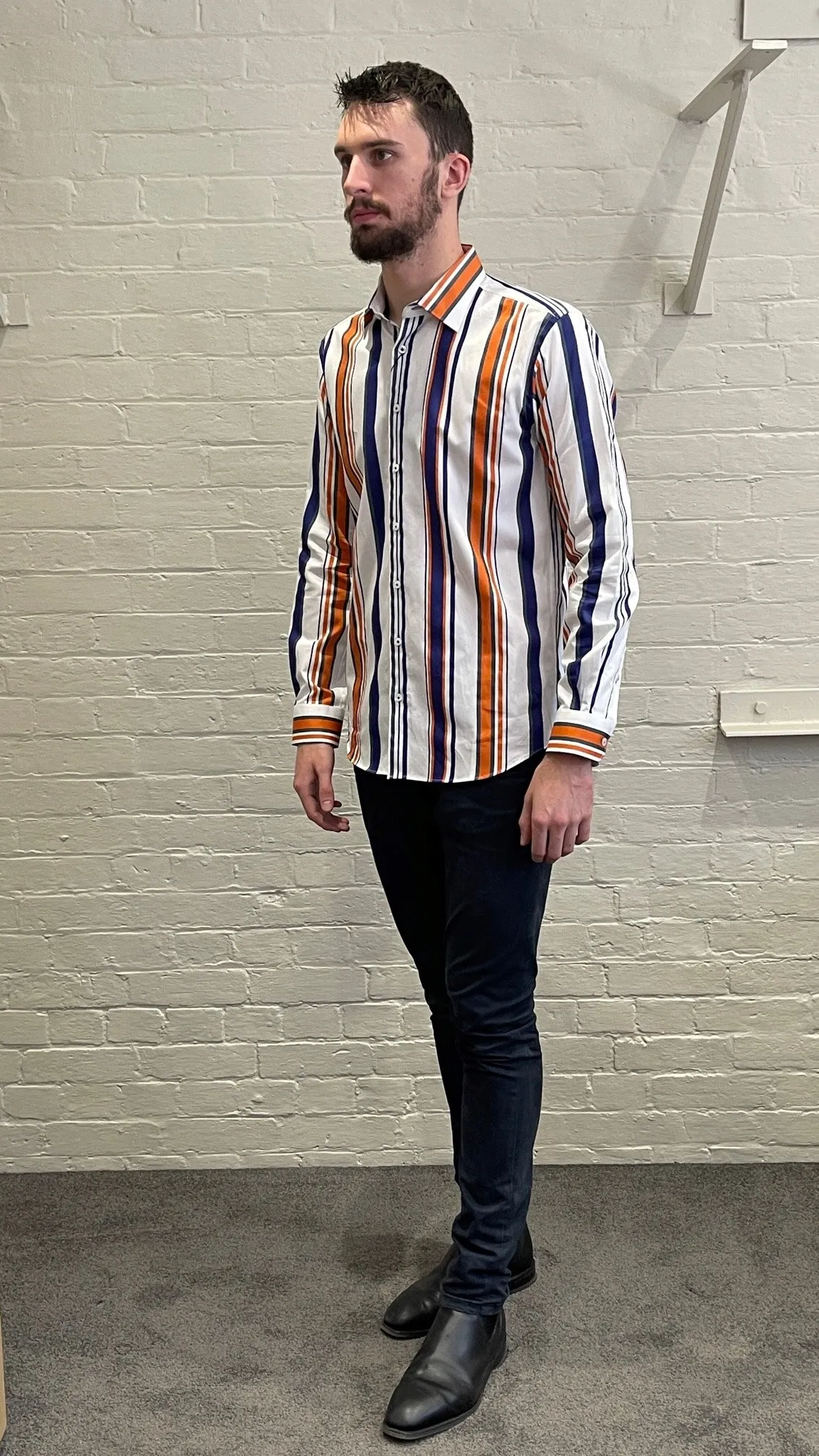 Long Sleeve Business Shirt - Striped - White, Navy & Orange