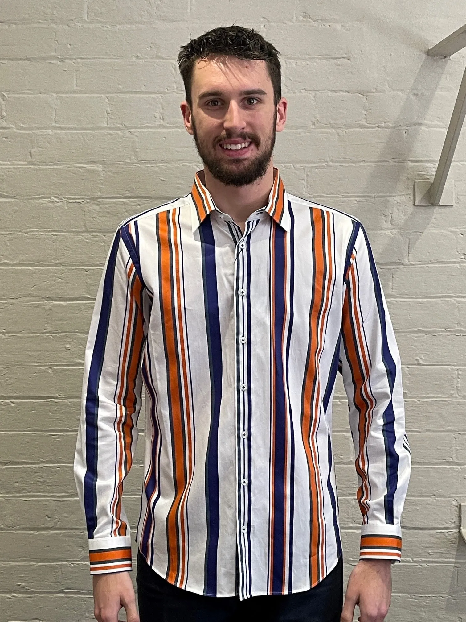 Long Sleeve Business Shirt - Striped - White, Navy & Orange