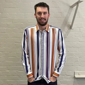 Long Sleeve Business Shirt - Striped - White, Navy & Orange