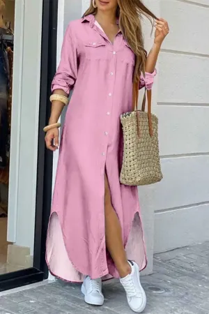 Long Sleeve Button Up Pocket Shirt Dress