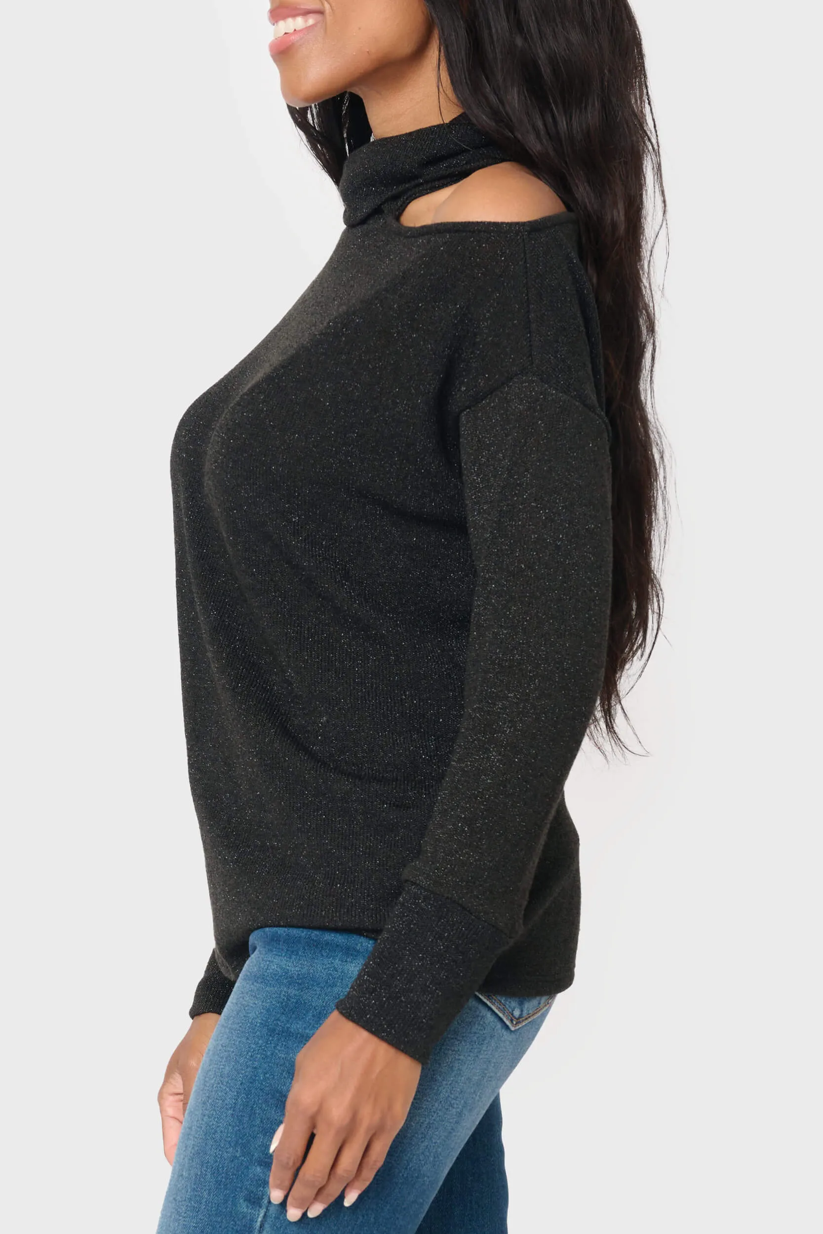 Long Sleeve Cut Out Lurex Knit Top