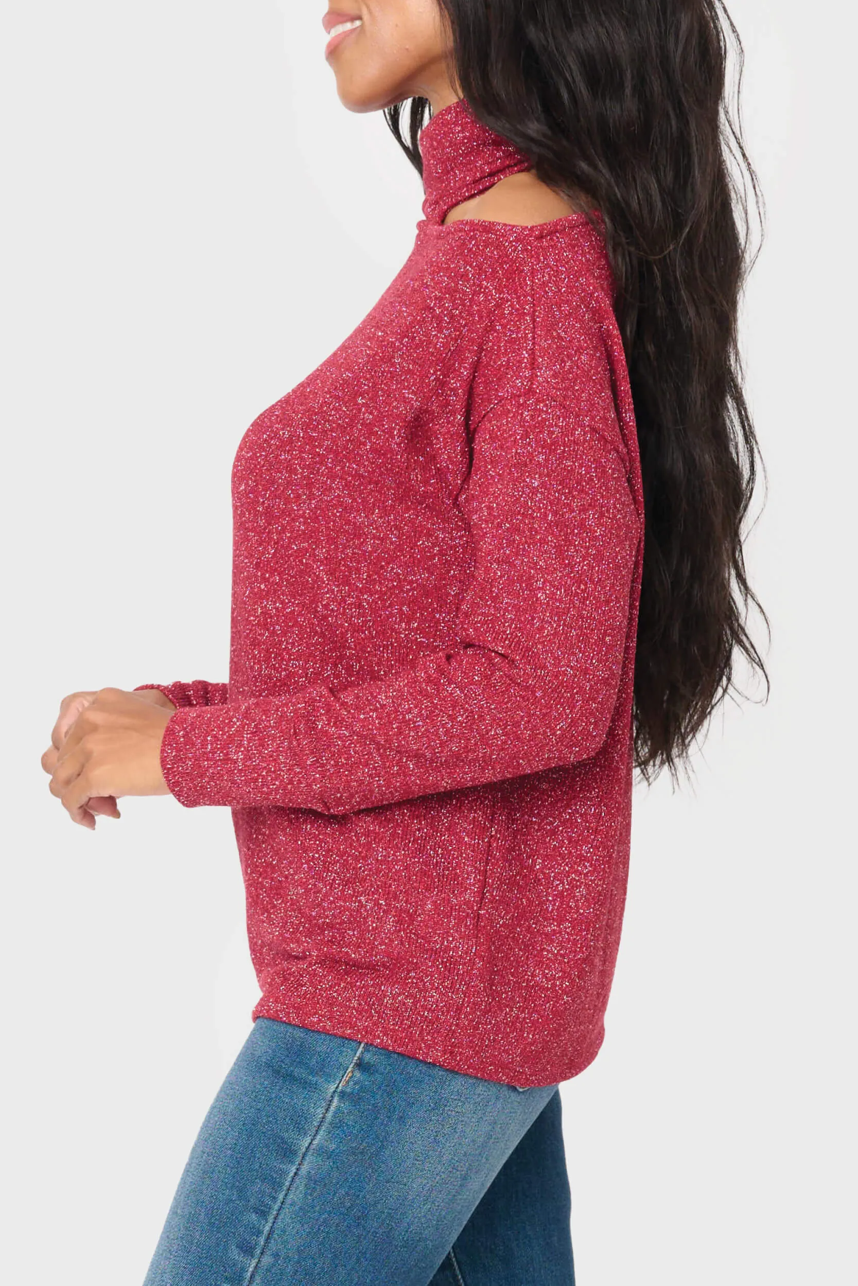 Long Sleeve Cut Out Lurex Knit Top