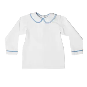 Long Sleeve Henry Peter Pan in White with Bay Tree Blue Velvet Trim