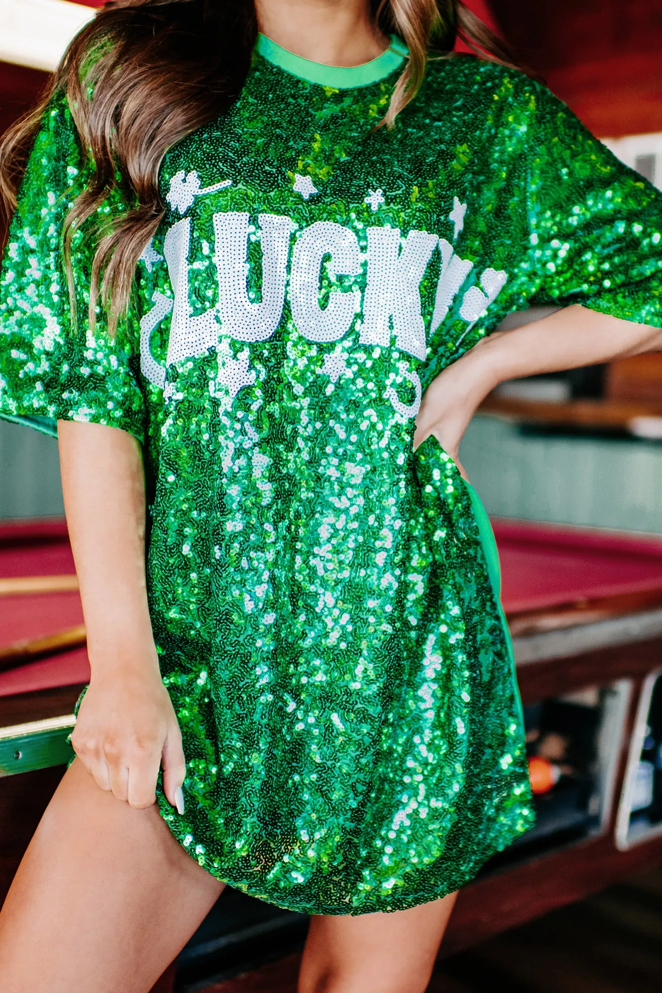 Luck's On My Side Sequin T-Shirt Dress (Green/White)