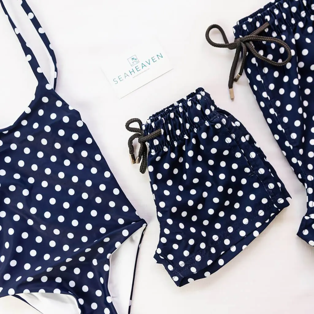 Matching Swimwear, Men's Board Shorts, White on Navy Polka Dots