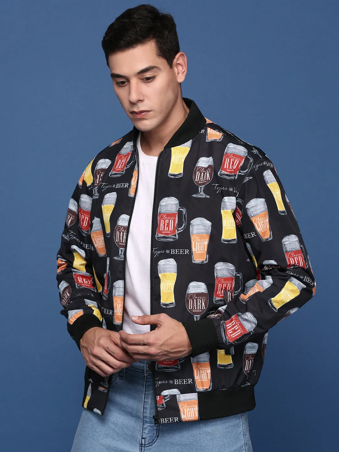 Men Printed Black Bomber Jacket