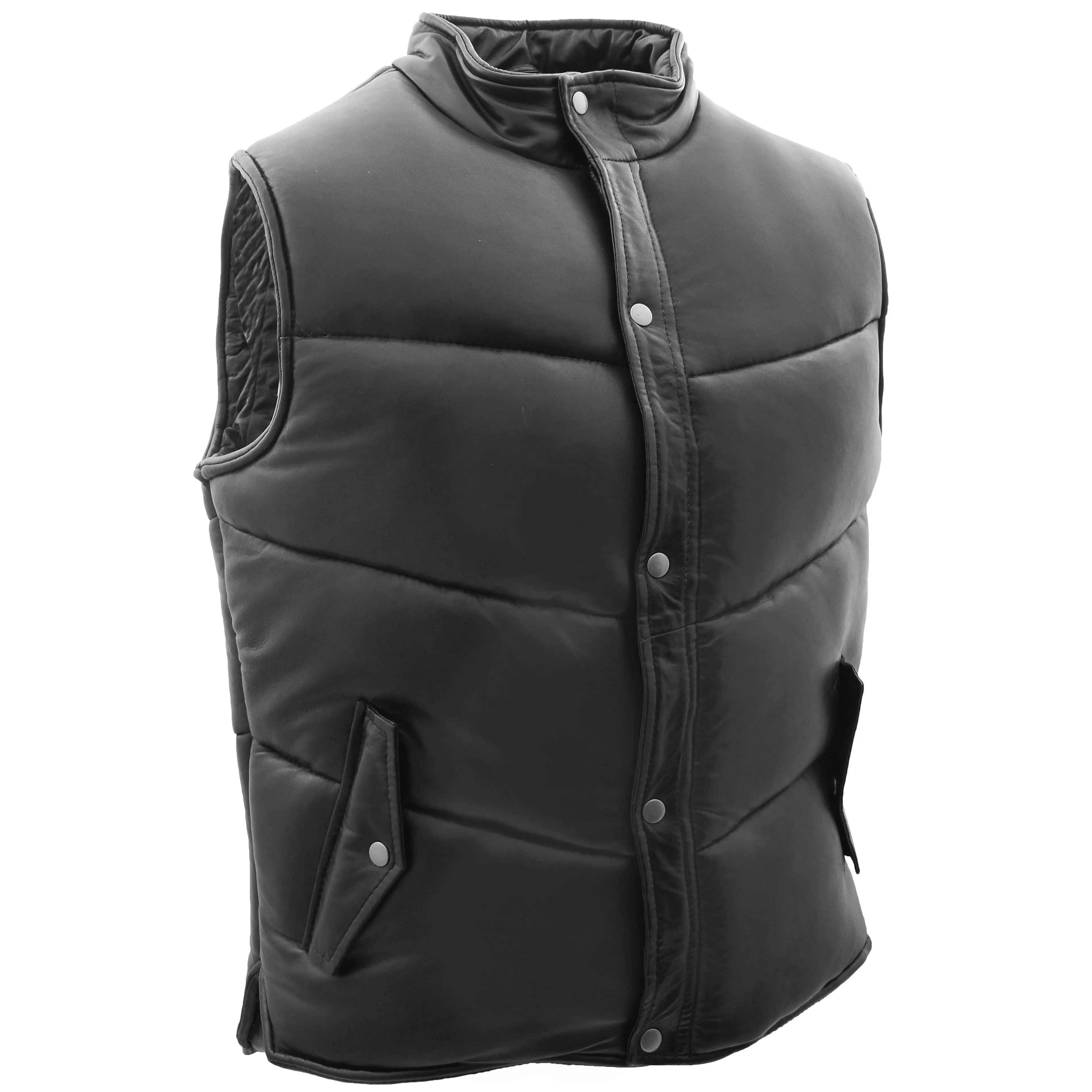 Mens Leather Puffer Waistcoat Body Warmer Leon Black