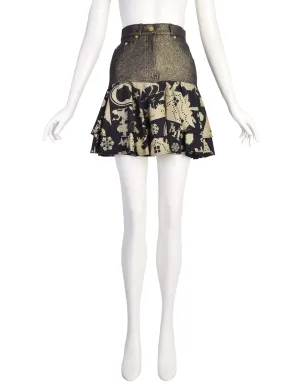 Moschino Vintage Blackened Sparkly Black and Gold Christmas Holiday Novelty Theme Ruffle Skirt