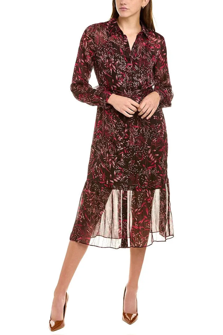 Nanette Lepore collared long sleeve barbell cuffs button front  multi print metallic tie waist chiffon shirt dress