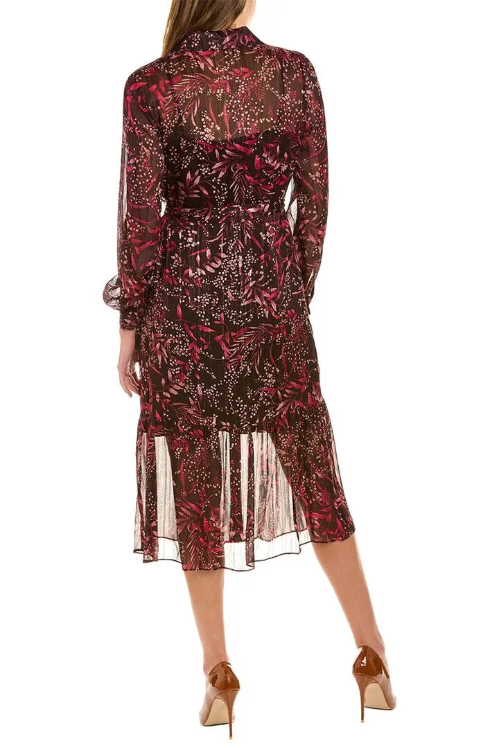 Nanette Lepore collared long sleeve barbell cuffs button front  multi print metallic tie waist chiffon shirt dress