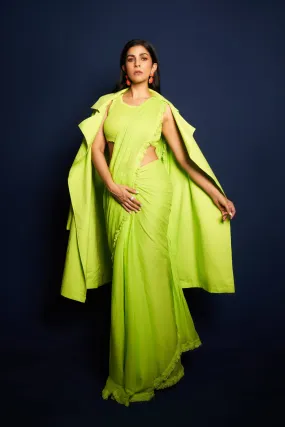 Neon Green Fringed Saree-Bodysuit-Jacket Set (3 PCS)