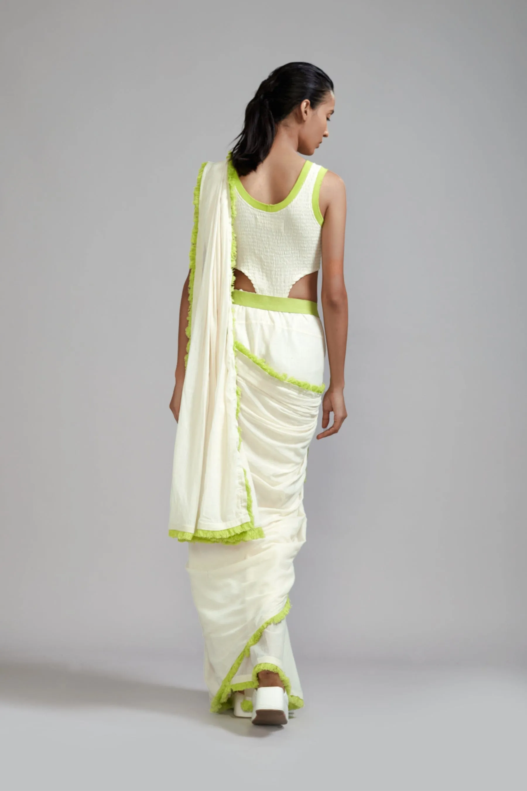 Off-White with Neon Green Saree & Smocked Bodysuit Set (2 PCS)