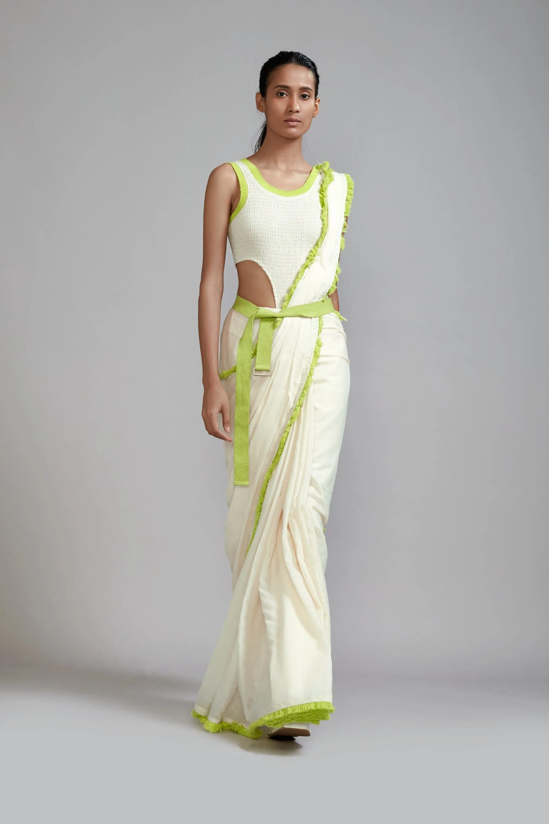 Off-White with Neon Green Saree & Smocked Bodysuit Set (2 PCS)