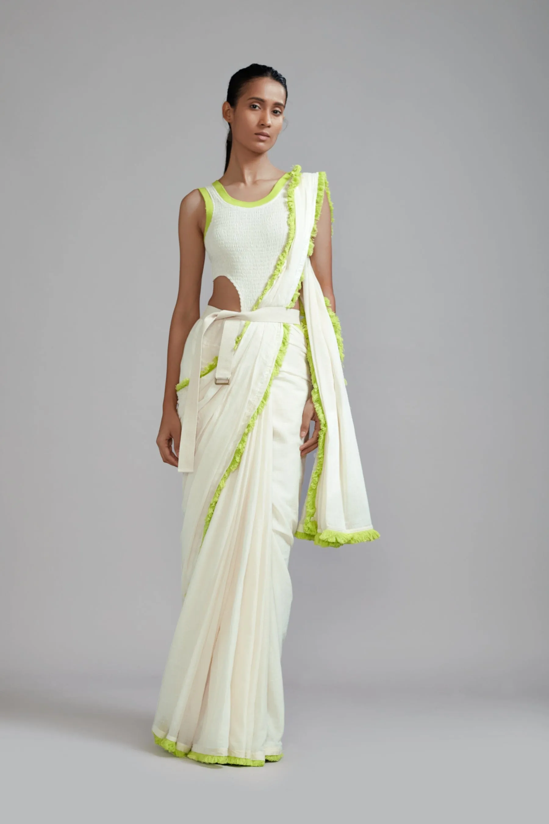 Off-White with Neon Green Saree & Smocked Bodysuit Set (2 PCS)