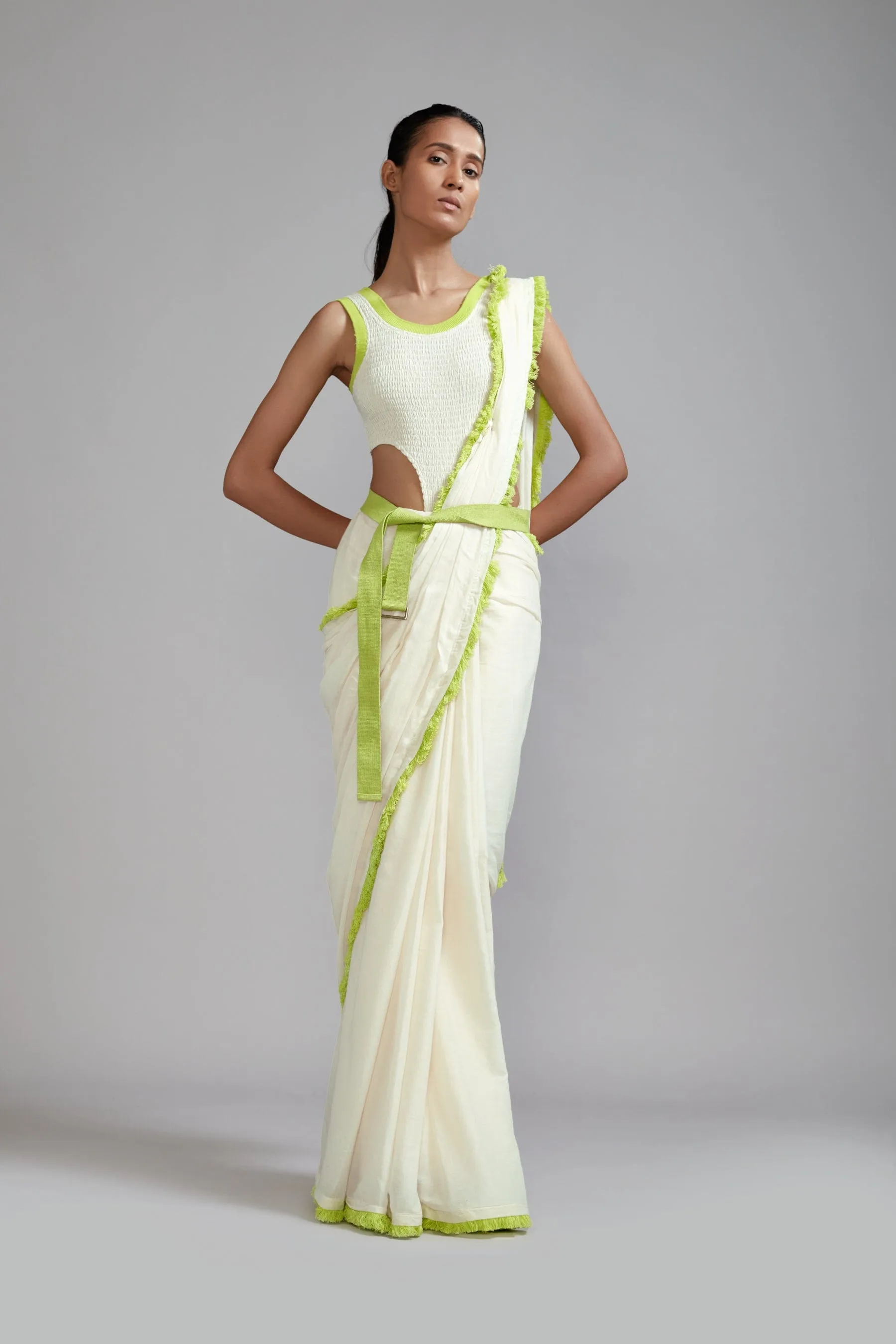 Off-White with Neon Green Saree & Smocked Bodysuit Set (2 PCS)