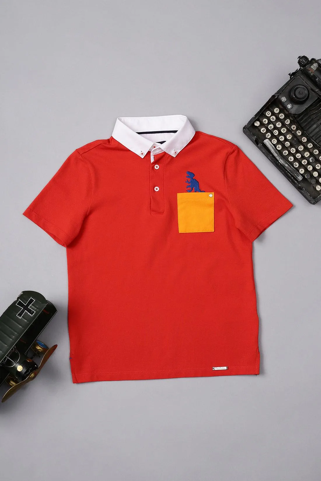 One Friday Boys Red Cotton Polo Neck Dino T-shirt