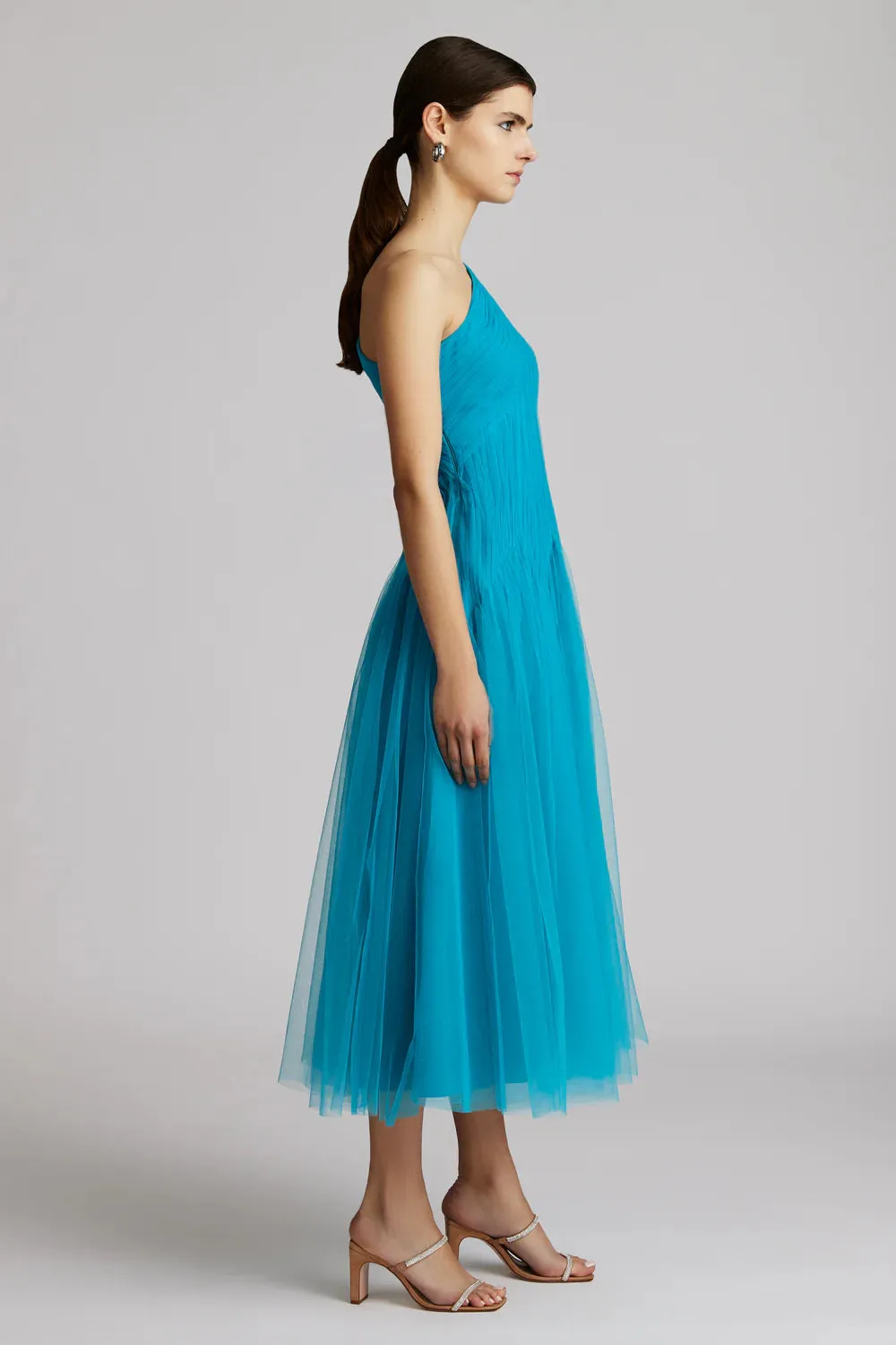 One Shoulder Midi Tulle Dress - Peacock