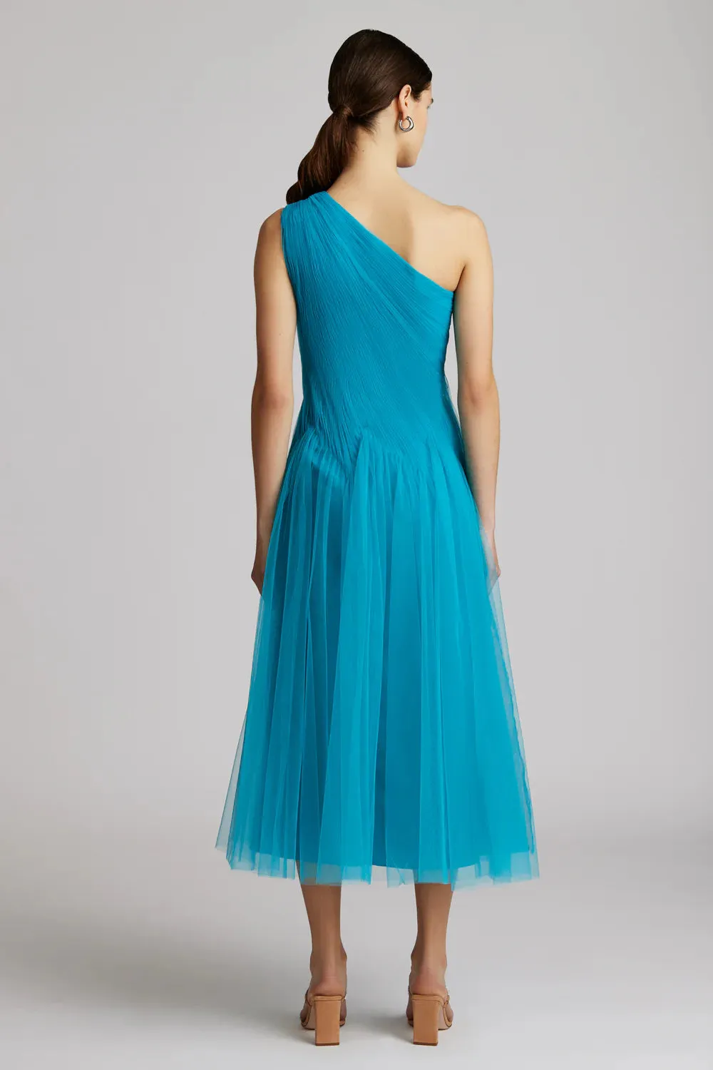 One Shoulder Midi Tulle Dress - Peacock