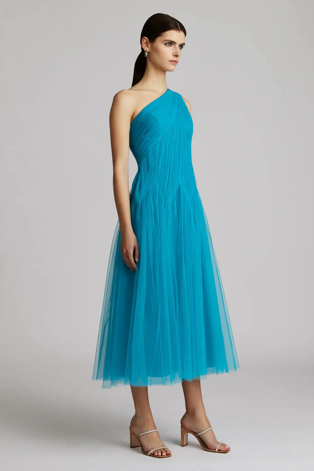 One Shoulder Midi Tulle Dress - Peacock