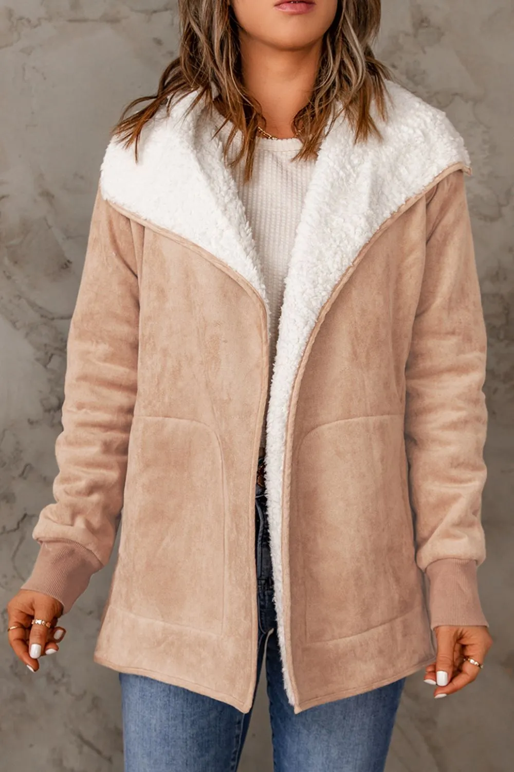 Open Front Long Sleeve Sherpa Jacket with Pockets