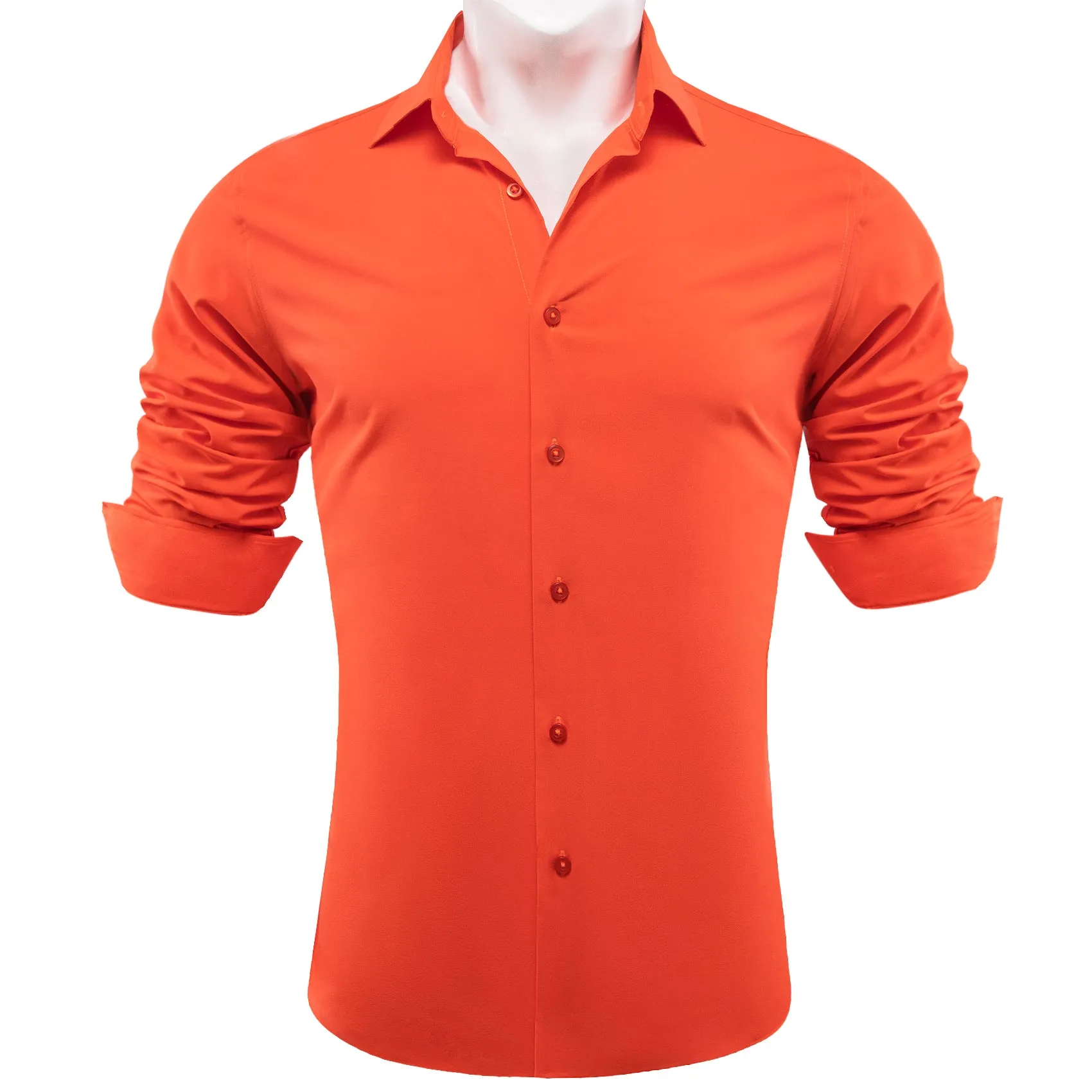 Orange Solid Silk Men Long Sleeve Shirt