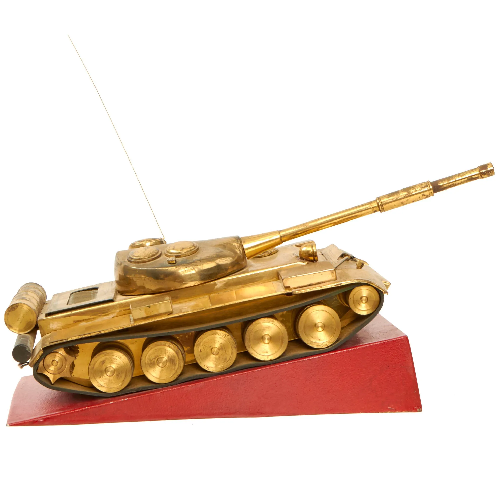 Original Soviet Cold War Era T-55 Tank Brass Desk Model on Steel Base - Formerly Part of the A.A.F. Tank Museum