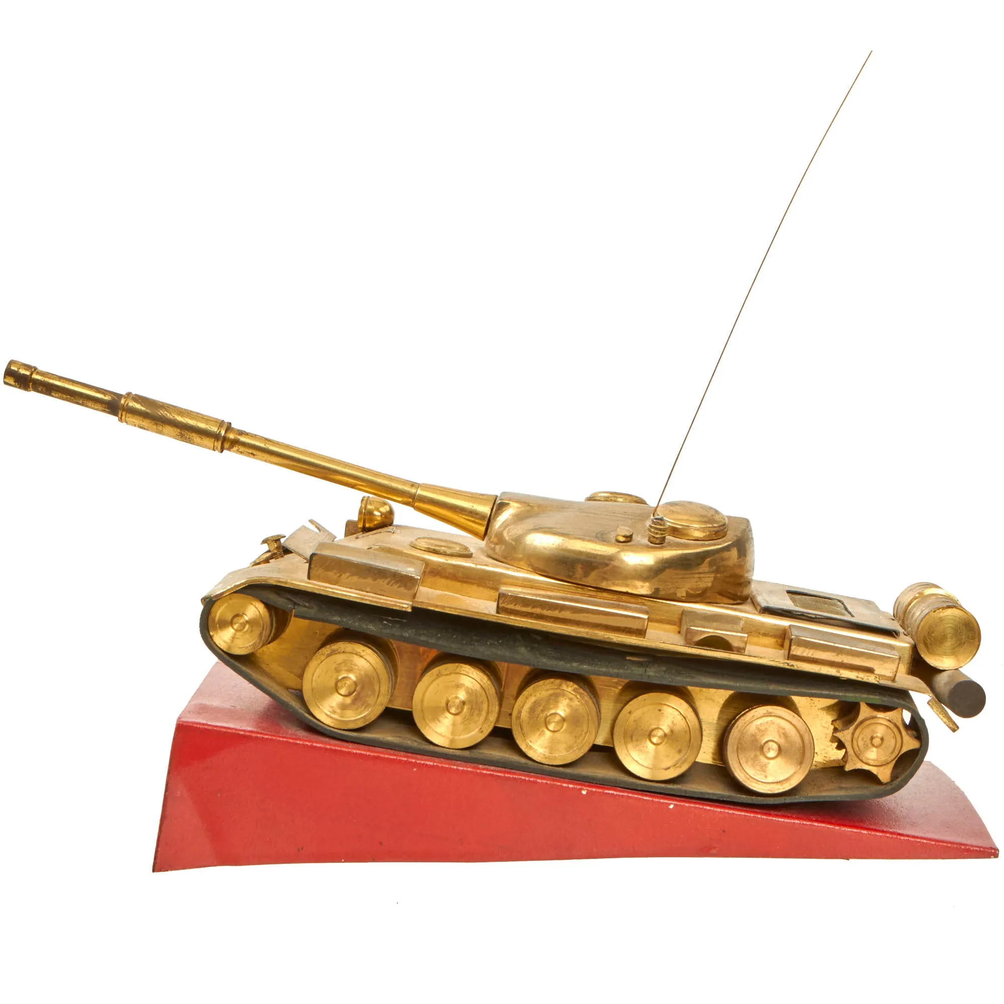 Original Soviet Cold War Era T-55 Tank Brass Desk Model on Steel Base - Formerly Part of the A.A.F. Tank Museum